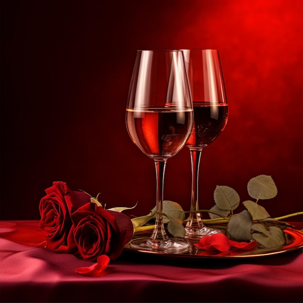 zwei Gläser Wein und eine rote Rose auf einem Teller Romantik rote Stimmung im Hintergrund