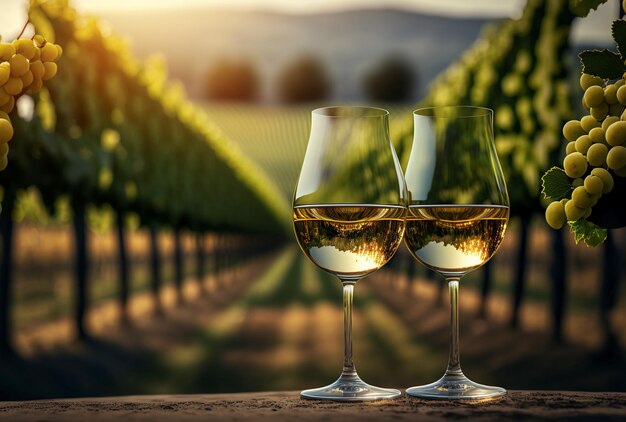 zwei Gläser Weißwein in einem Weinberg generative KI