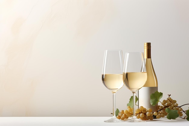 Zwei Gläser Weißwein-Trauben und eine Flasche auf beige Hintergrund