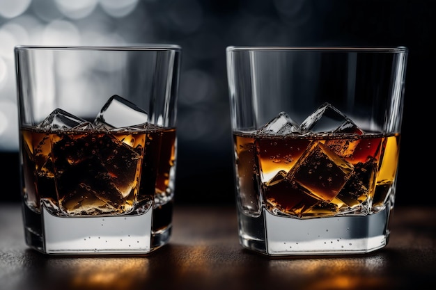 Zwei Gläser Whiskey auf einem Tisch mit Eiswürfeln