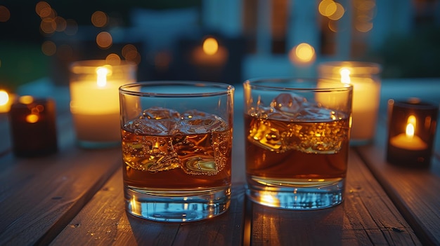 Zwei Gläser Whiskey mit angezündeten Kerzen auf einem Tisch