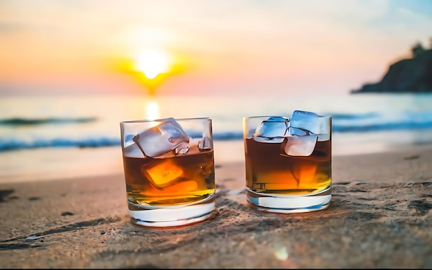 Zwei Gläser Whiskey mit Eis am Strand bei Sonnenuntergang in geringer Tiefe
