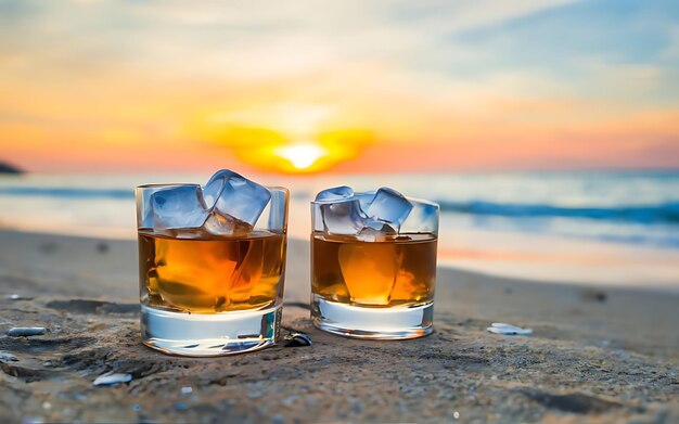 Zwei Gläser Whiskey mit Eis am Strand bei Sonnenuntergang in geringer Tiefe