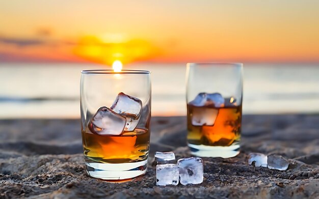 Zwei Gläser Whiskey mit Eis am Strand bei Sonnenuntergang in geringer Tiefe