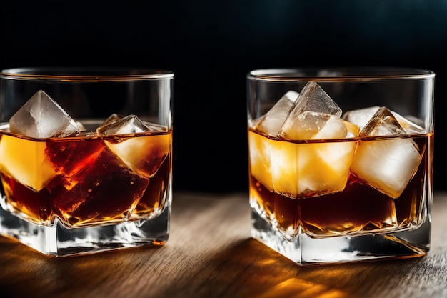 Zwei Gläser Whiskey mit Eis auf einem Holztisch