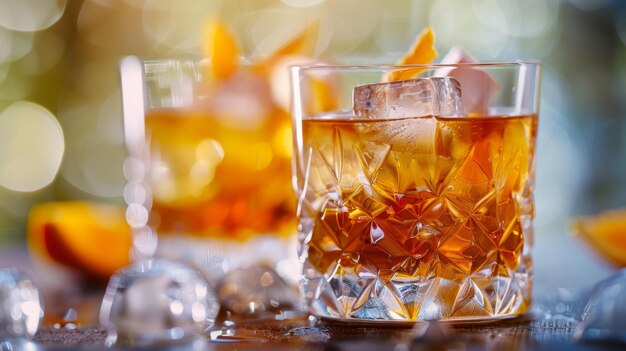 Zwei Gläser Whiskey mit Eiswürfeln und Orangenstücken