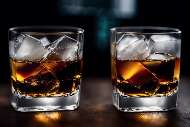 Zwei Gläser Whisky auf einer Bar mit Eiswürfeln