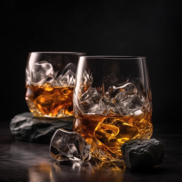Zwei Gläser Whisky stehen auf einem Tisch mit Eiswürfeln.