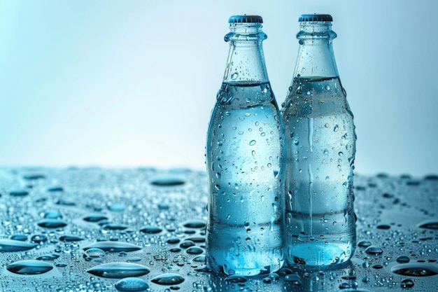 Zwei Glasflaschen mit unterschiedlicher Kapazität mit frischem Trinkwasser