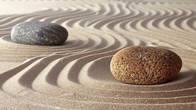 Zwei glatte Steine sitzen im Sand und schaffen eine beruhigende und friedliche Szene. Der Sand ist in einem kreisförmigen Muster um die Steine herum geräckt.