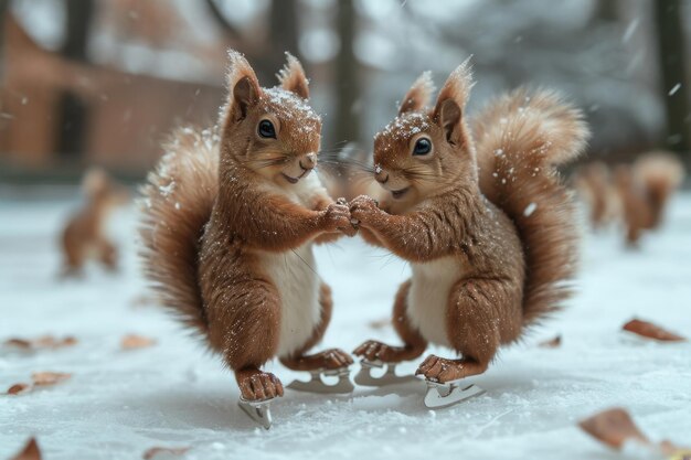 Zwei glückliche Eichhörnchen schaitern in einem Wintersee im Wald 3D-Illustration