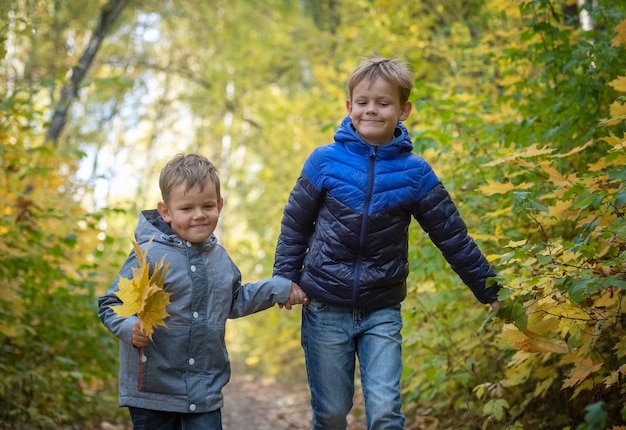 Zwei glückliche europäische Jungen rennen mit gelben Blättern durch den Herbstpark