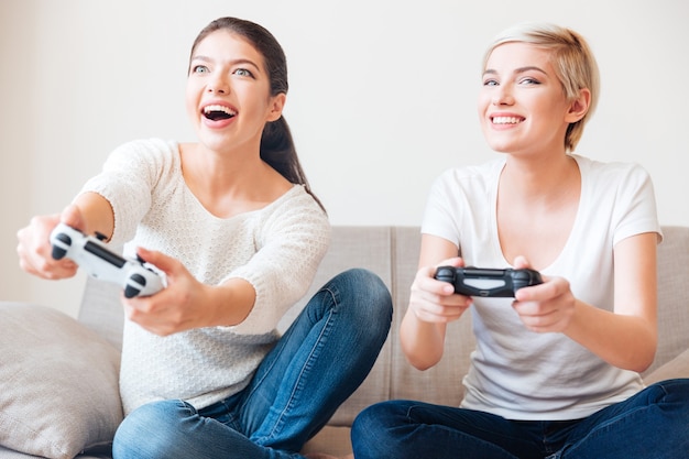 Zwei glückliche Frauen, die Videospiele spielen