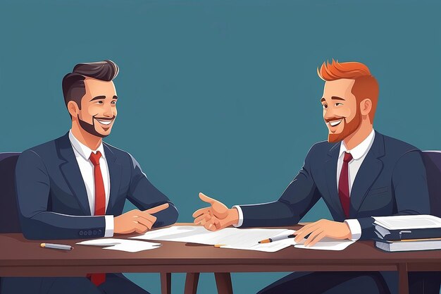 Zwei glückliche Geschäftsleute Projektdiskussion Cartoon-Stil Teamarbeit Geschäftsleute flache Illustration