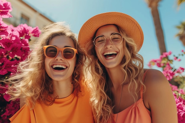 Zwei glückliche junge Frauen lachen zusammen vor einem Bougainvillea-Busch