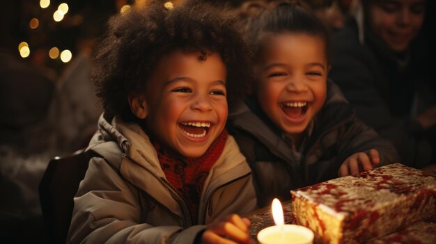 Zwei glückliche junge schwarze Kinder, die Geschenke auspacken Generative KI