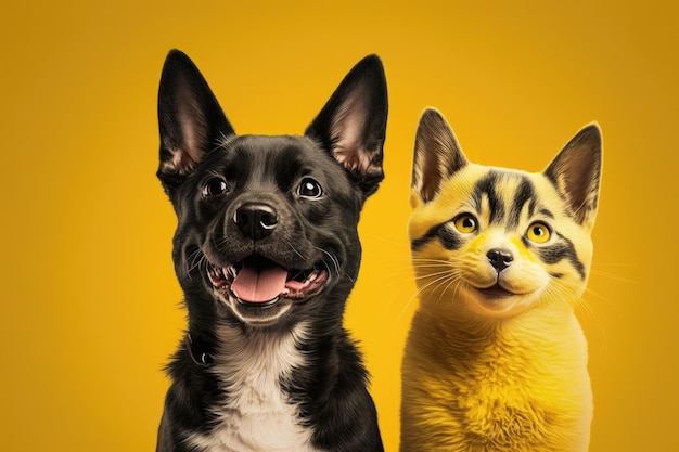 Zwei glückliche Katzen und Hunde, die auf isoliertem gelbem Hintergrund lächeln