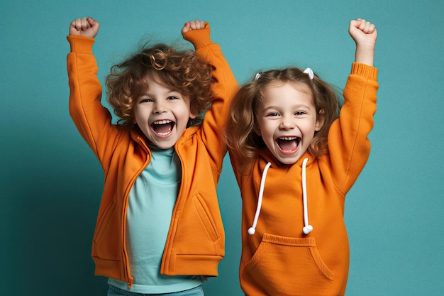 Zwei glückliche Kinder lächeln und lachen auf blauem Hintergrund