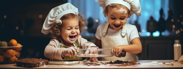 Foto zwei glückliche kinder machen kekse in der küche, kleine köche
