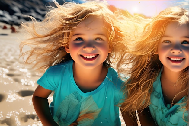 Zwei glückliche Kinder mit weißen Haaren spielen am Meer.