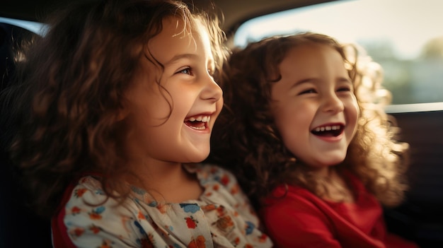 Zwei glückliche Mädchen, die während der Fahrt auf dem Rücksitz eines Autos lachen. Erstellt mit generativer KI-Technologie