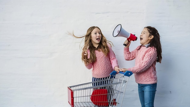 Zwei glückliche Mädchen in Pullovers haben Spaß mit einem Einkaufswagen und einem Megafon über einer weißen Wand