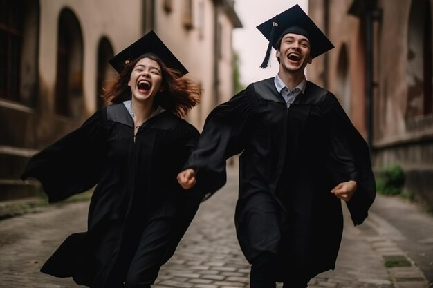 Zwei glückliche Studenten in Abschlusskleidern und Hüten, die den Erfolg feiern