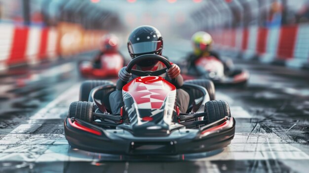 Foto zwei gokarts, die auf einer strecke rennen, perfekt für sport- und wettkampfkonzepte