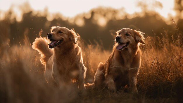 Zwei Golden Retriever-Hunde tummeln sich bei sonnigem Tag auf einer Wiese. Generative AI AIG18