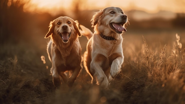Zwei Golden Retriever-Hunde tummeln sich bei sonnigem Tag auf einer Wiese. Generative AI AIG18