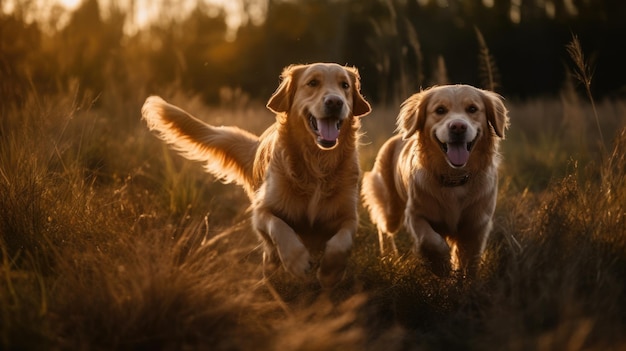 Zwei Golden Retriever-Hunde tummeln sich bei sonnigem Tag auf einer Wiese. Generative AI AIG18