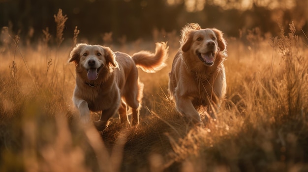 Zwei Golden Retriever-Hunde tummeln sich bei sonnigem Tag auf einer Wiese. Generative AI AIG18