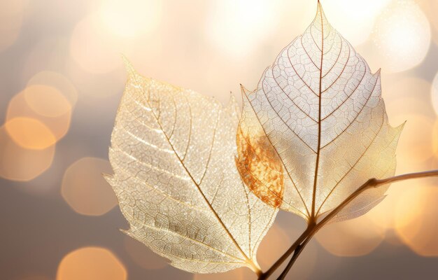 Foto zwei goldene blätter auf einem bokeh-hintergrund-closeup