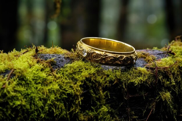 Foto zwei goldene eheringe ruhen auf einem moosigen stein in einem wald