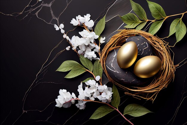 Zwei goldene Eier in einem Nest auf einem Marmortisch