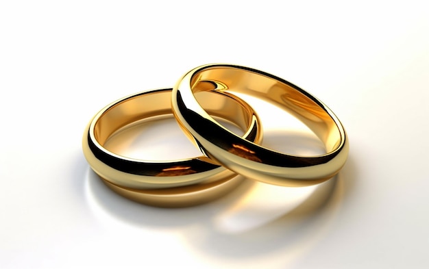 Foto zwei goldene ringe mit ihrem spiegelbild auf weißem hintergrund für einen hochzeitsanlass