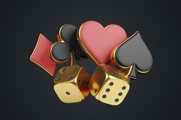 Zwei goldene rollende Glücksspielwürfel mit Ass-Karten-Symbolen auf schwarzem Hintergrund 3D-Render