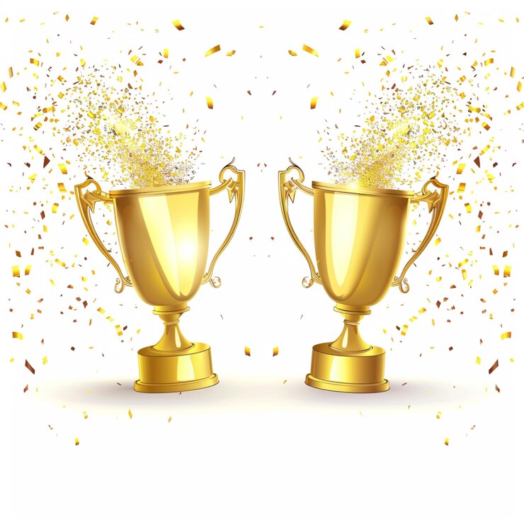zwei goldene Trophäen mit Konfetti, die von ihnen auf einem weißen Hintergrund fallen