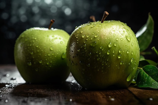 Zwei grüne Äpfel mit Wassertropfen sitzen auf einem Holztisch.