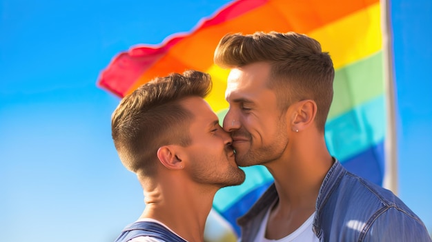 Zwei gutaussehende Männer küssen ein schwules Paar mit Regenbogenfahne im Hintergrund, LGBTI-Stolz-Kampfkonzept