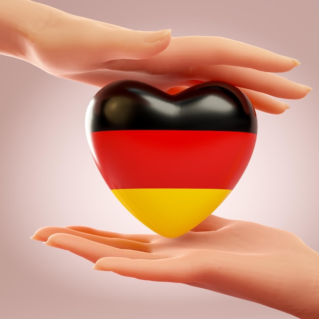 Foto zwei hände, die das herz mit der flagge deutschlands halten konzept der liebe, freiheit, unabhängigkeit und unterstützung des landes 3d-rendering