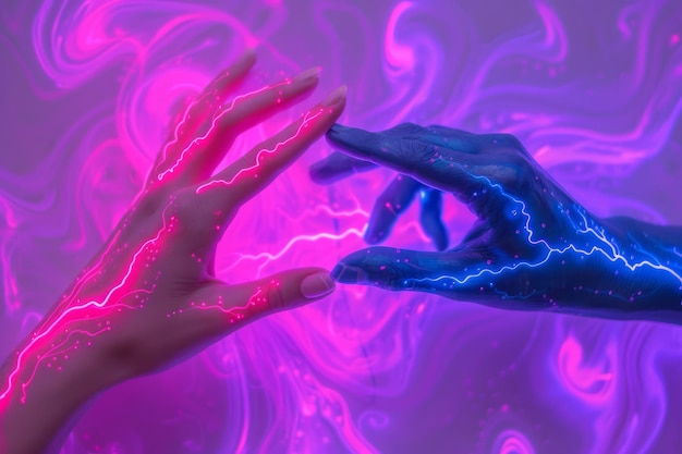 Zwei Hände, die sich gegenseitig mit glühenden elektrischen Adern ausstrecken