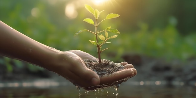 Zwei Hände, die Wasser aus der Nähe halten, bewässern in der Abenddämmerung einen jungen Baum in einem Park. Generative KI