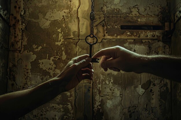Zwei Hände greifen in einem dunklen Raum nach einem Schlüssel