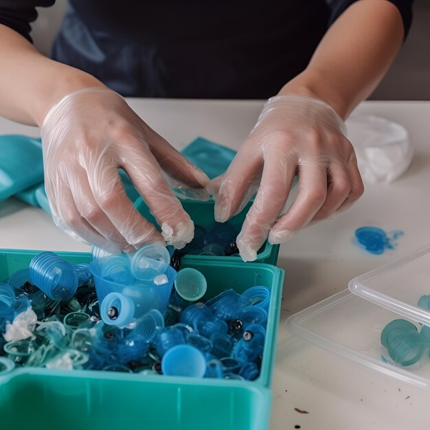 Zwei Hände in transparenten Handschuhen sortieren blaue Plastikdeckel in einer Kiste. KI-generiertes Plastikrecycling