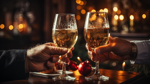 Zwei Hände klingeln Gläser mit Champagner Weihnachtstradition
