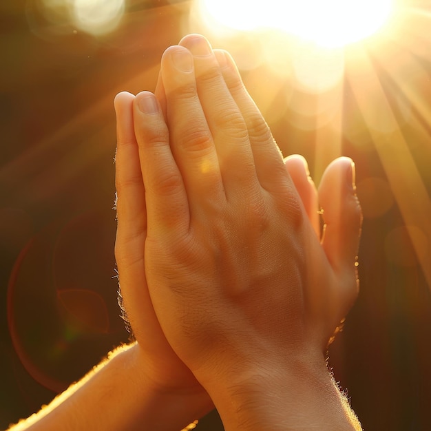 Zwei Hände kommen zusammen in einer Gebetsposition, die von einem strahlenden Sonnenaufgang hintergrundbeleuchtet wird und eine Aura von Hoffnung und Spiritualität erzeugt. Das Bild symbolisiert Glauben und die Suche nach göttlicher Führung.