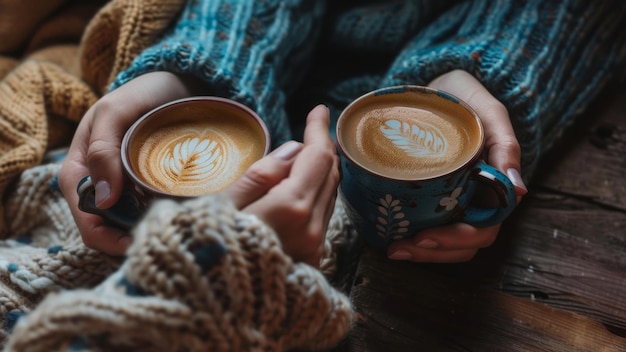 Zwei Hände mit warmen Cappuccinos in gemütlichen Strickärmen für einen bequemen Wintermoment