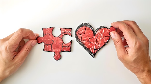 Zwei Hände verbinden ein Puzzleteil mit einer Herzzeichnung, um das Liebeskonzept zu vervollständigen Handgezeichnet Kreativität und Verbindung Ideal für Beziehungen und Valentinstagsthemen KI