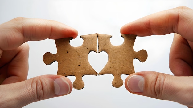 Zwei Hände verbinden Puzzle-Stücke mit herzförmigem Ausschnitt Konzept der Liebespartnerschaft und der Suche nach der perfekten Übereinstimmung Ideal für Beziehungsthemen KI